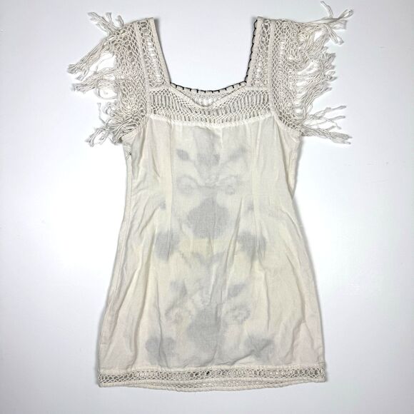 Free People Cotton Linen Embroidered Crochet Fringe Hippy Boho Dress, Sz. 8 - Picture 5 of 13